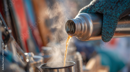 Thermos and gloves: detail  close-up of hot drink pouring