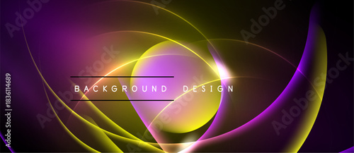 Abstract neon lines create dynamic curves, vibrant purple, gold hues. Background design suggests energy, movement, modern aesthetic.