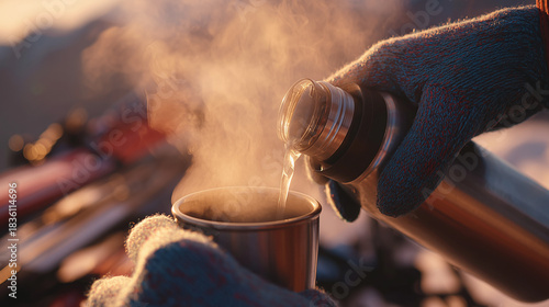 Thermos and gloves: detail  close-up of hot drink pouring
