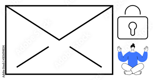 Email security, digital privacy, communication efficiency, data protection, remote workflow, mindfulness in tech. Illustration of an envelope, a padlock and a meditative person. Email security