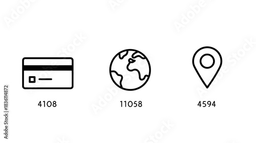 Technology icons set: Credit card, global network globe, and GPS location pin in minimalist outline style for digital services