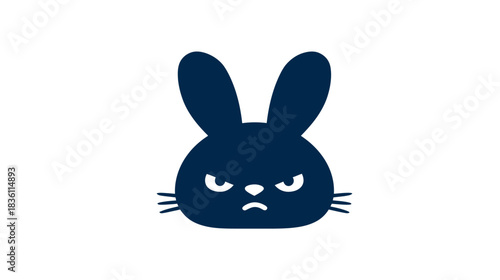 Grumpy dark blue bunny head illustration. Minimalist flat design vector icon of an angry rabbit character on a white background, expressing annoyance or fury.