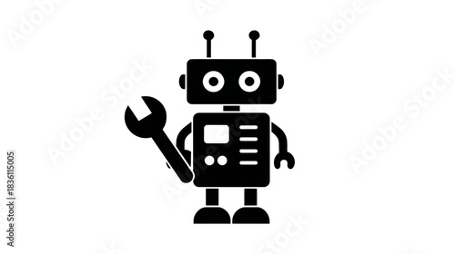 Black robot icon with wrench, symbolizing artificial intelligence, tech repair, automation, engineering, maintenance, and future service