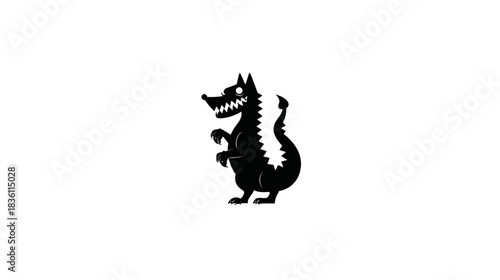 Fierce black stylized cartoon dog or wolf creature standing illustration on white background, sharp teeth, fantasy beast