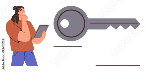 Thoughtful woman holding tablet near oversized key, symbolizing unlocking ideas, solutions, or opportunities. Ideal for problem-solving, innovation, decision-making, success, strategy security