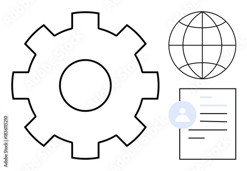 Business operations, technology integration, global reach, digital identity, process management, user profiles. Gear, globe and user document icons. Business operations and technology integration