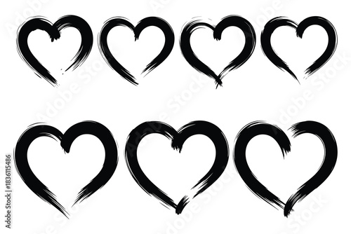 Seven black brush stroke hearts on white background