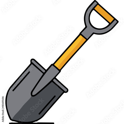 A Flat Design Illustration of a Metal Shovel with a Yellow and Gray Handle on a Black Background Suitable for Gardening and Construction Concepts
