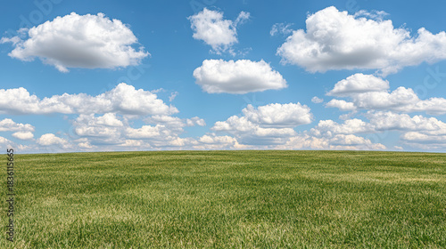 Fototapeta Naklejka Na Ścianę i Meble -  Green meadow under fluffy cloud sky, serene open field and bright blue horizon