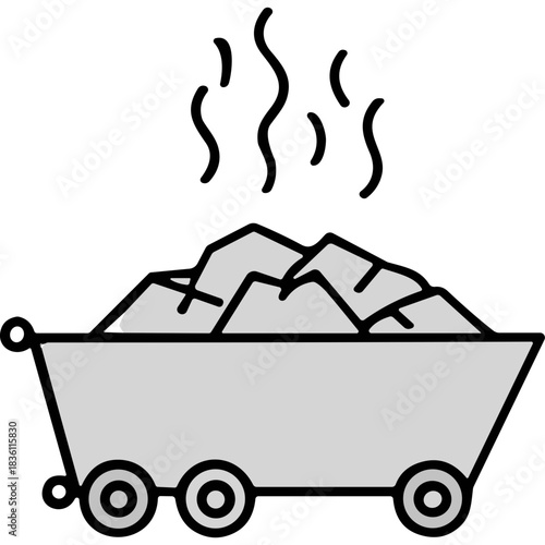A Simple Line Art Illustration of a Mining Cart Filled With Rocks and Debris on a Black Background, Representing Extraction and Resource Gathering, a Clean Industrial Graphic