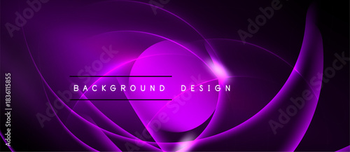 Abstract purple design features flowing lines, curves. Dark background enhances vibrant luminosity, creating dynamic visual effect.