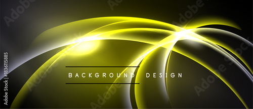 Abstract yellow lines create dynamic energy. Smooth curves radiate from central bright point, forming modern design element. Dark background enhances glow.