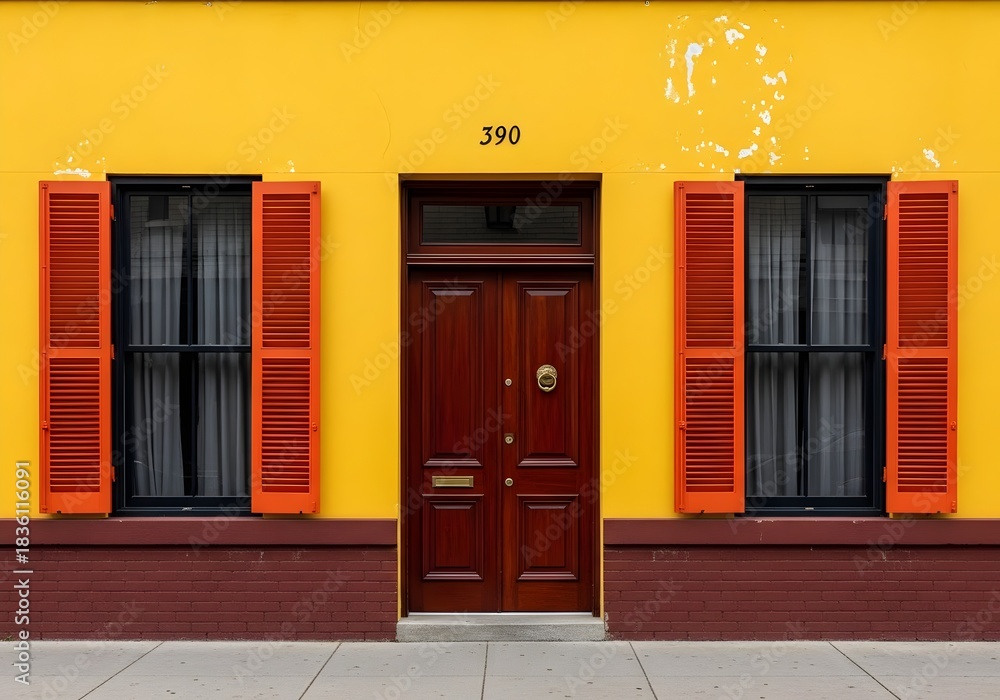 custom made wallpaper toronto digitalCharming facade with a vibrant yellow wall featuring a wooden door with brass hardware and windows with bright orange shutters creating a visually appealing architectural composition