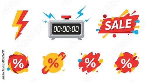 Collection of Vector Elements Lightning, Timer, Sale Badges for Design & Marketing