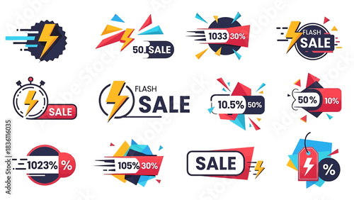 Flash sale labels and tags for retail promotions and marketing campaigns, graphic design elements for discount advertising