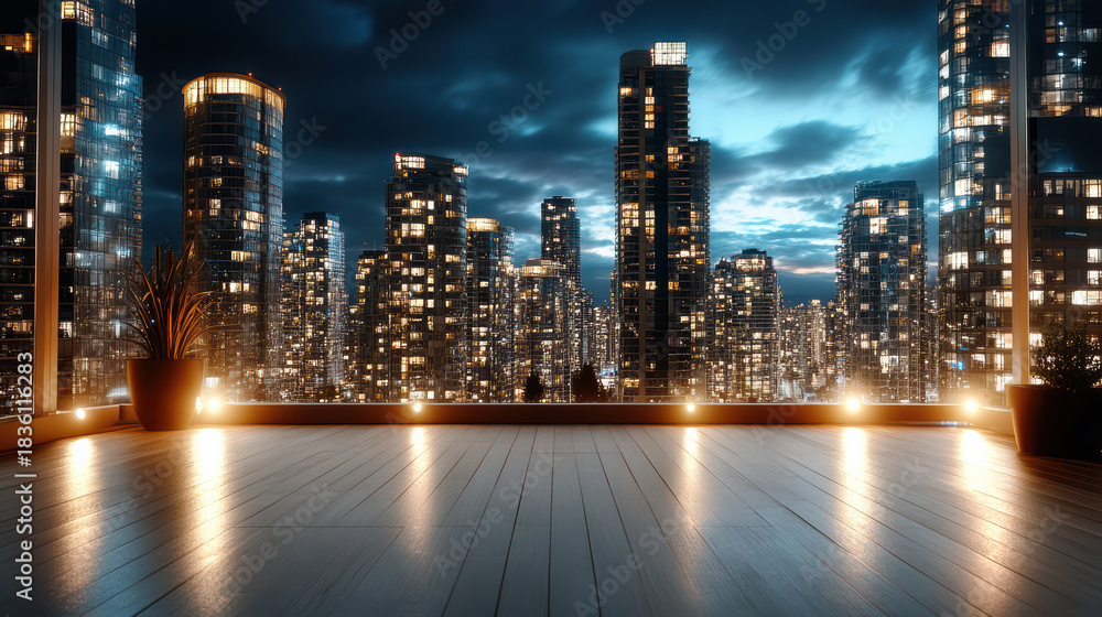 Fototapeta premium Rooftop skyline glow modern cityscape at night with warm lights and reflective terrace