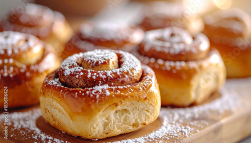 Wallpaper Mural Cinnamon buns dusted with powdered sugar, fresh warm bakery, tasty sweet dessert, cozy pastry Torontodigital.ca