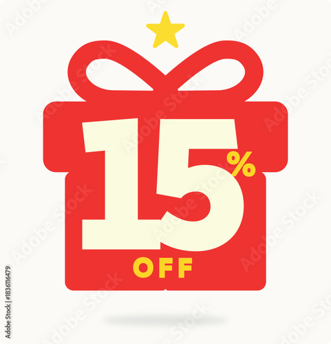 15% off, Christmas, Santa Claus, happy, New Year, gift, special, celebration, promo, sale, season, offer, tree, party, star, light, annual, date. Vector, icon, set, shape, symbol, sticker