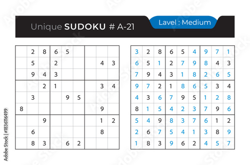 Sudoku puzzle with answer. Vector puzzle game with numbers for kids and adults. 9x9 sudoku Illustration on white background.