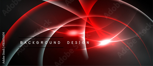 Abstract red, black design. Dynamic curves, glowing lines create modern visual impact. Background features sleek shapes, light effects.