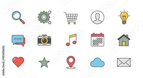 Collection of Various Colorful Line Icons for Web Design, UI, and UX Elements on White
