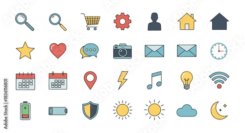 Essential set of modern flat design UI/UX icons for web and mobile applications. Colorful graphic symbols for various digital functions and user interface elements