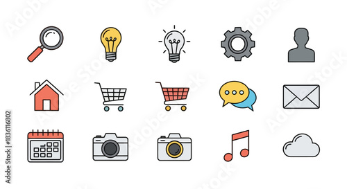 A versatile collection of colorful outline icons representing various web and mobile application concepts, isolated for easy use in user interface design
