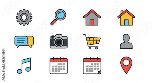 Set of 12 user interface icons for web and mobile applications, featuring essential symbols