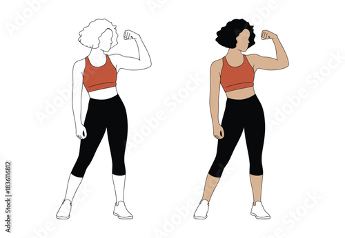 Strong woman flexing bicep showing fitness progress in workout attire