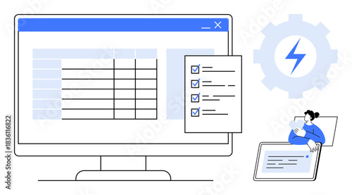 Data management concept. Data visualization, checklist forms, and technology integration. Data insights for project tracking, digital workflows, and automation. For businesses, productivity apps