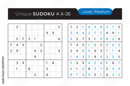 Sudoku puzzle with answer. Vector puzzle game with numbers for kids and adults. 9x9 sudoku Illustration on white background.