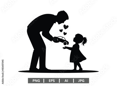 Loving father giving little girl toy car gift with hearts, family love