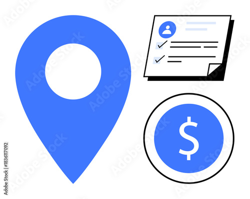 Blue map pin, checklist on profile sheet, and dollar coin highlight themes of navigation, identity, finance, data management, business, planning and decision-making. Simple flat metaphor