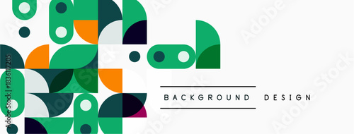 Abstract geometric shapes, vibrant colors, modern design. Background features overlapping circles, squares, rectangles. Clean aesthetic.