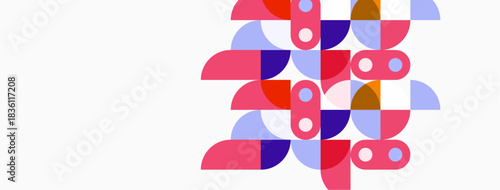 Abstract geometric shapes overlap, creating colorful floral pattern. Pink, purple, blue hues dominate design. Minimalist aesthetic.