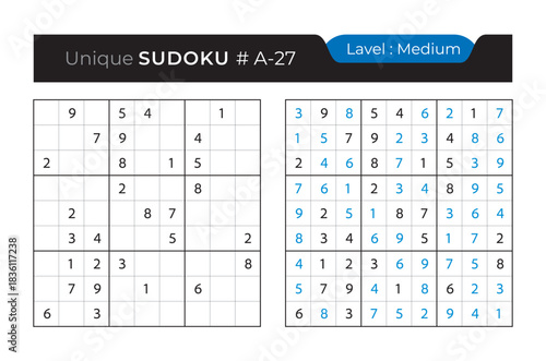 Sudoku puzzle with answer. Vector puzzle game with numbers for kids and adults. 9x9 sudoku Illustration on white background.