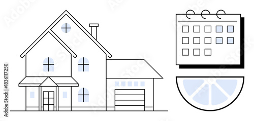 Minimalistic house with garage, calendar, and pie chart signifying real estate scheduling, project planning, or housing trends. Ideal for homeownership, time management, real estate, data analysis