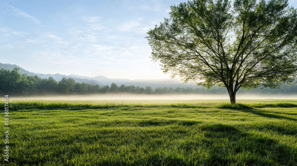 Fototapeta premium Morning haze meadow lone tree misty field mountain ridge soft sunlight