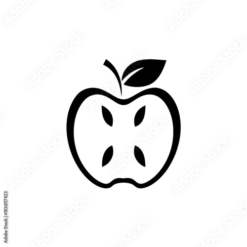Apple slice with seeds and a leaf on transparent background silhouette