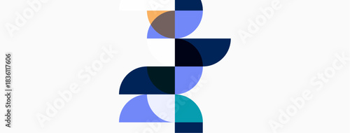 Abstract geometric shapes stacked vertically. Blues, teals, yellows create modern design. Minimalist composition, clean lines, balanced form.