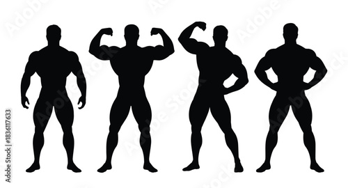 Silhouette of strong bodybuilders flexing muscles and showing off physique