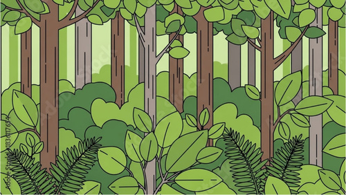 Vibrant forest scene with lush green trees and dense foliage, a natural woodland background