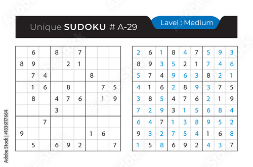 Sudoku puzzle with answer. Vector puzzle game with numbers for kids and adults. 9x9 sudoku Illustration on white background.