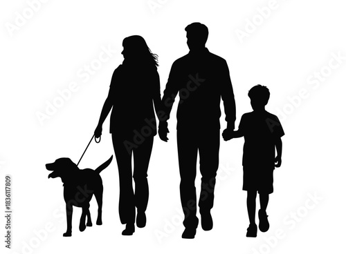 Family silhouette walking happily with dog, creating lasting memories now