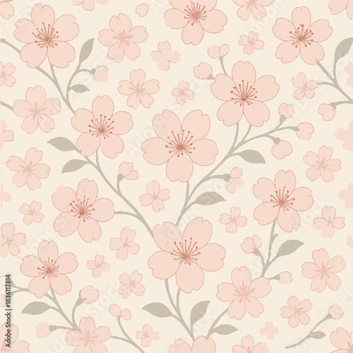 Soft pink cherry blossom flowers on a seamless background, ideal for stationery, textiles, and packaging.