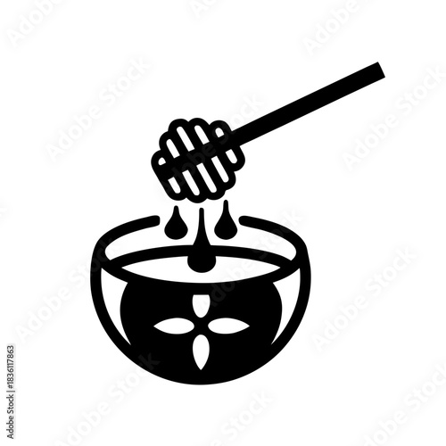 Honey dripping from dipper to bowl on transparent background silhouette