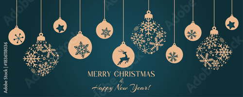 Teal Christmas Ornaments with New Year Greetings on Dark Cyan Backdrop