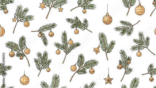 Festive Christmas seamless pattern with hand-drawn fir branches and golden ornaments