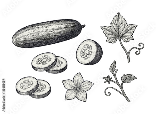 Detailed botanical illustration of cucumber plant with leaves, flowers, and sliced fruit