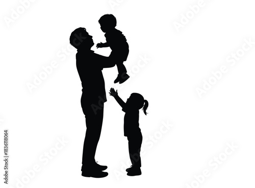 Silhouette of loving father playing with his children in joyful moment